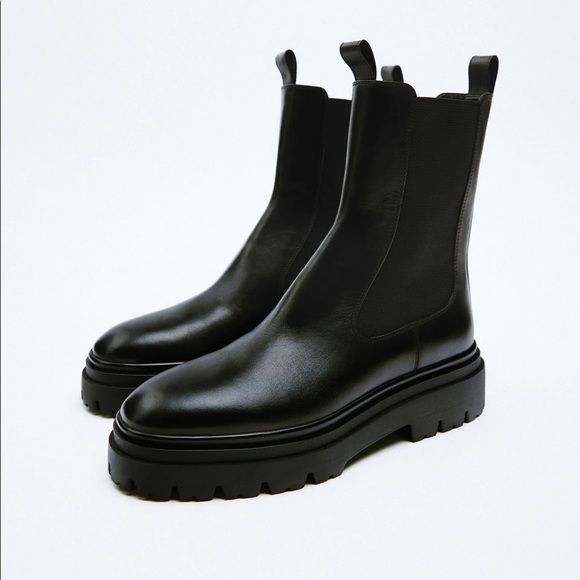 Zara Shoes - NWT Zara Black Flat Leather Lug Ankle Boots. Size 7.5.